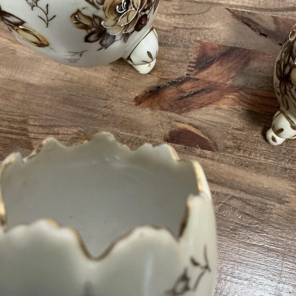 Vintage Napcoware Set of 3 Floral Egg Footed Vases C3199 Gold Trim Cracked Shell